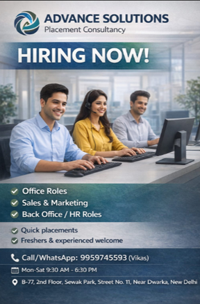 Advance Solutions Placement Consultancy hiring for Office, Sales & Marketing, Back Office/HR roles. Quick placement for freshers & experienced. Contact: +91 9599374593 (Vikas). Mon–Sat 9:30–6:30. Address: B-77, 2nd Floor, Sewak Park, Street No. 11, Near Dwarka, New Delhi.